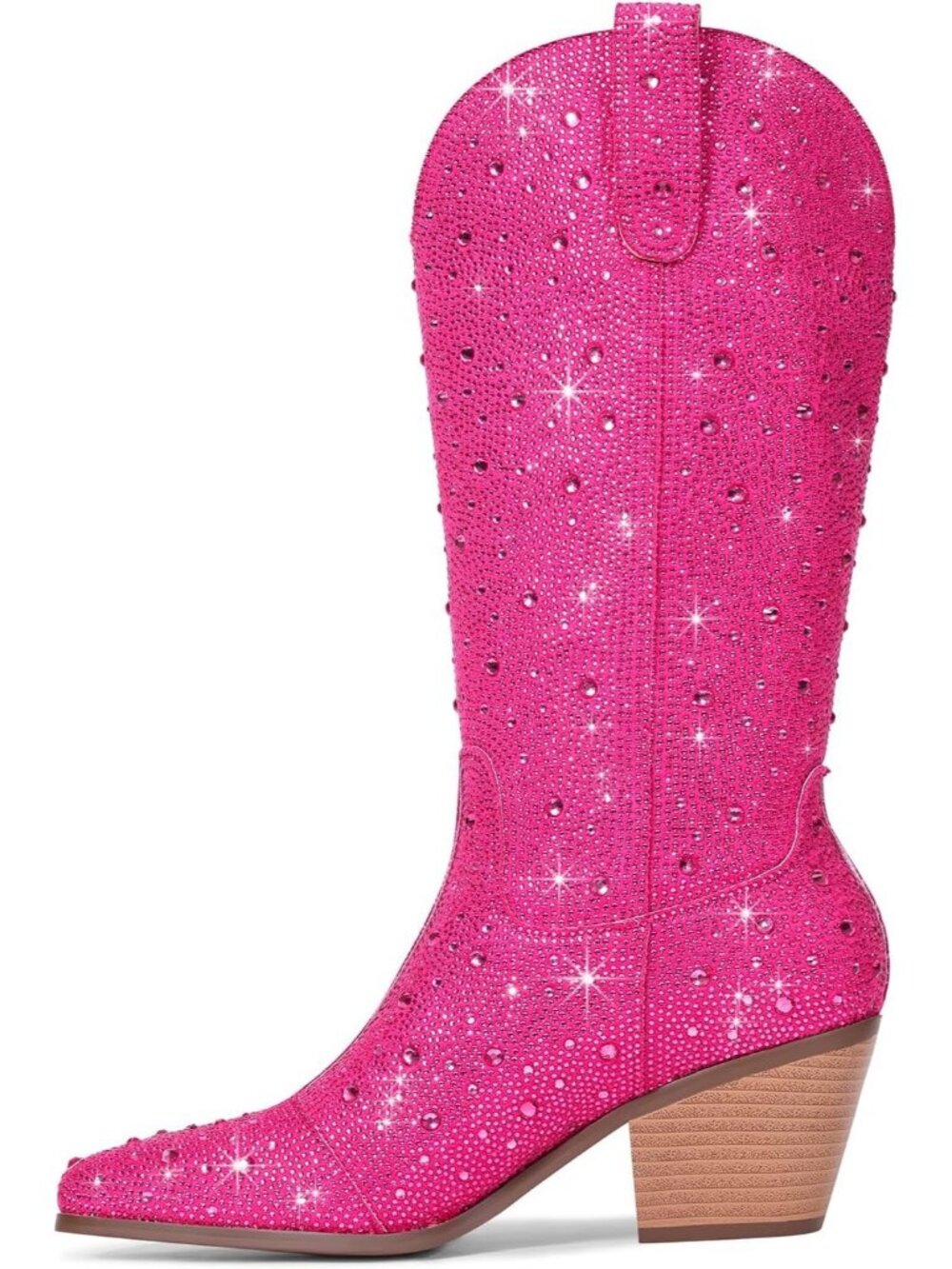 Women's Mid Calf Pink Western Rhinestone Chunky Heel Fashion Cowgirl Ankle Boot - Picture 2 of 6